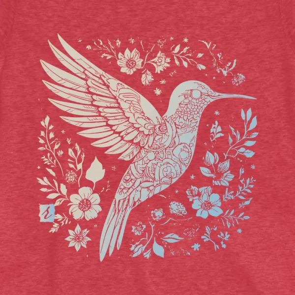 Womens humming bird and flowers tee, soft comfortable graphic tshirts for everyday casual vintage style.